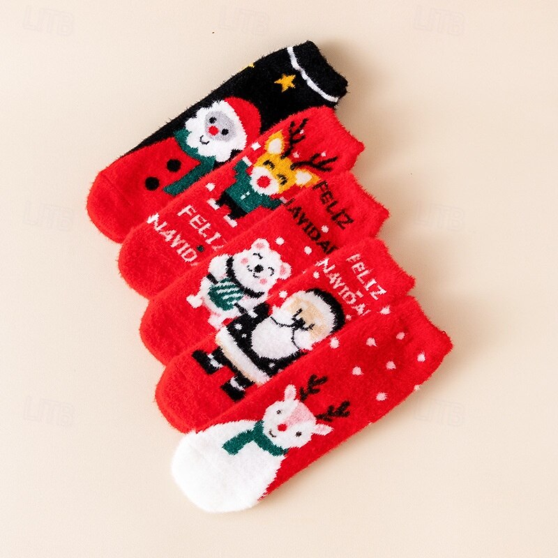 Christmas Socks for Women, Cute Mid-Calf Plush Fuzzy Socks, Faux Mink Winter Warm Socks with Cartoon Reindeer & Santa Claus Design, Holiday Gift Cozy Sleep Socks4