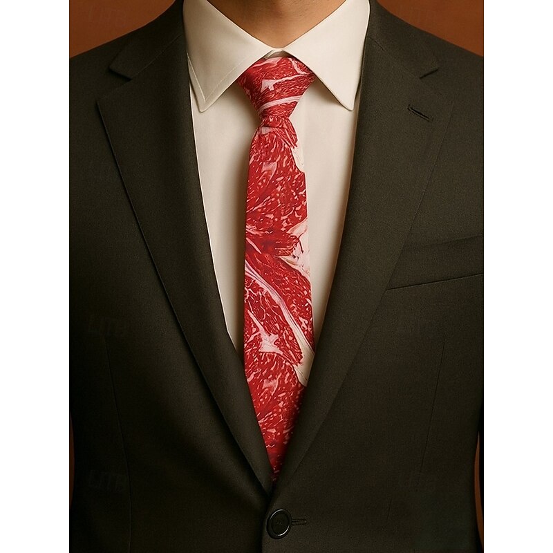 Men's Halloween Meat Print Necktie – Funny and Unique Steak and Bacon Design, Perfect for Halloween Parties and Costume Events2