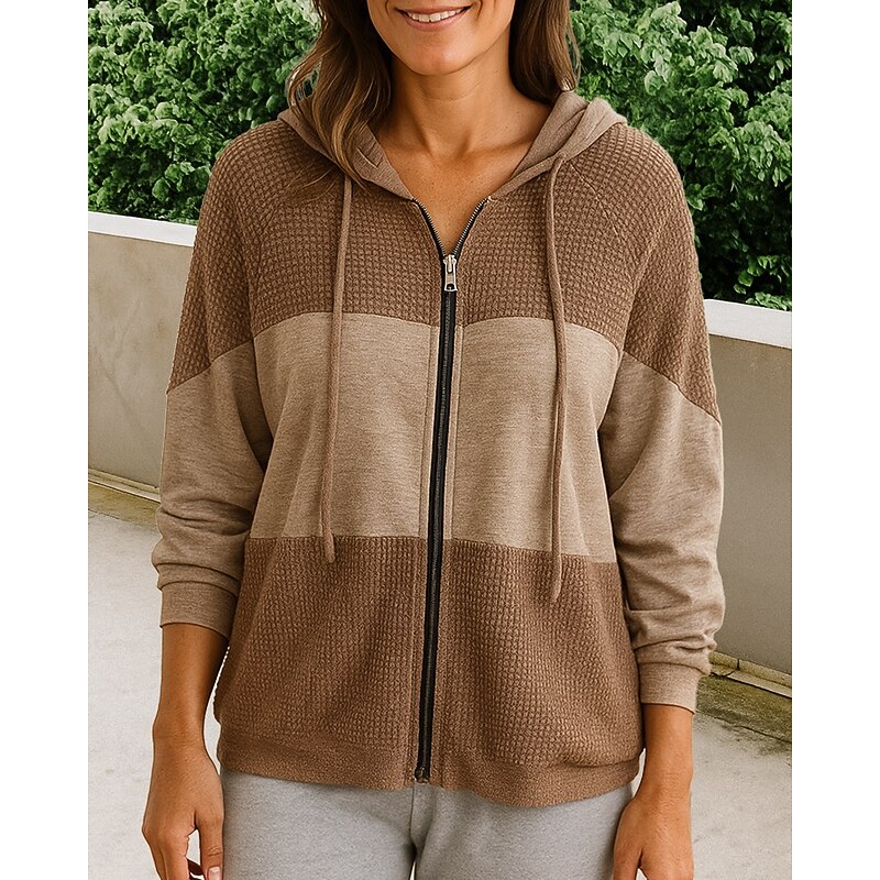 Women's Zip Up Sweatshirt Hooded Jacket Drawstring Long Sleeve Top Athleisure Color Block Outdoor Travel Sports Sportswear Activewear Black Blue Green