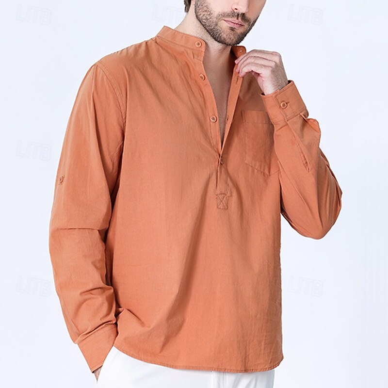 Men's Shirt Band Collar Shirt Popover Shirt Casual Shirt Black White Yellow Royal Blue Sky Blue Long Sleeve Plain Henley Vacation Daily Front Pocket Clothing Apparel Fashion Streetwear