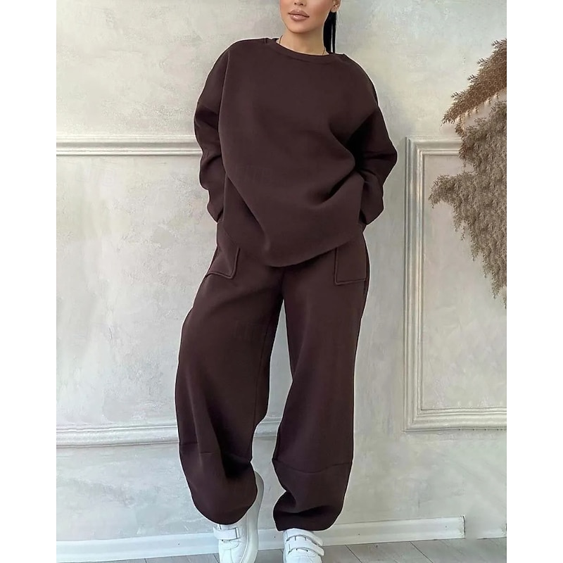 Women's Active Streetwear Blouse Pants Sets Long Sleeve Crew Neck Solid Color Going out Casual Daily Black Brown Green Fall Regular Fit4