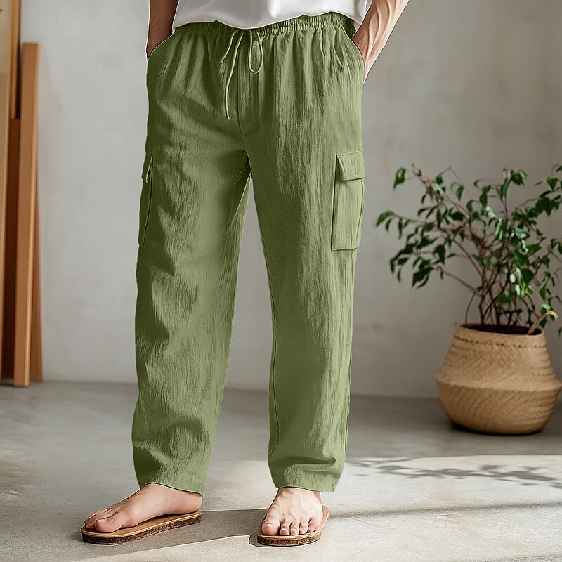 Men's Cargo Pants Trousers Summer Pants Beach Pants Drawstring Elastic Waist Multi Pocket Plain Comfort Soft Full Length Outdoor Daily Holiday Vacation Fashion Loose Fit Black White Inelastic