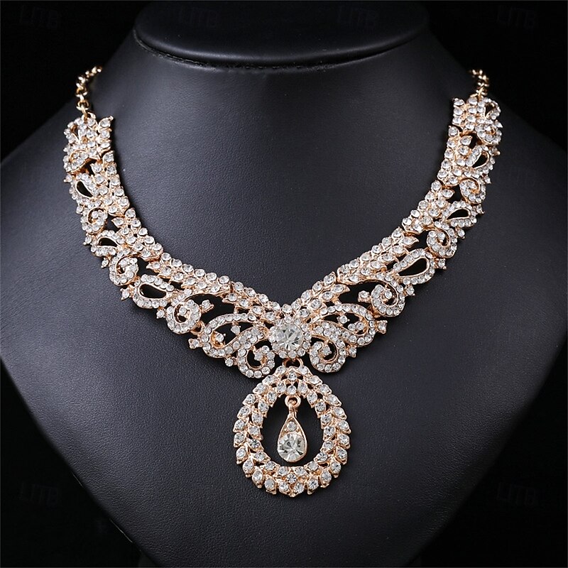 Jewelry Set Three-piece Suit Gold Rhinestone Chrome Earrings Necklace Women's Elegant Vintage Fashion Vintage Style Classic Jewelry Set For Wedding Party Wedding Guest3