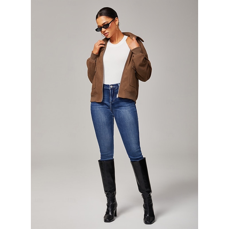 Women's Relaxed Faux Suede Zip Jacket Lapel Collar Ribbed Trim Zipper Closure with Pockets Lined Casual Stylish Daily Fall4
