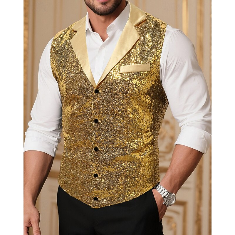 Men's Vest Waistcoat Gilet Vacation Party Business Fashion Casual Spring Fall Pocket Buttons Sequin Polyester Comfortable Plain Single Breasted One-button Lapel Regular Fit Gold Vest