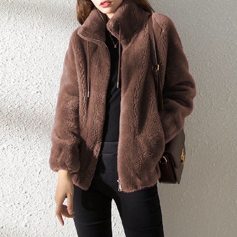 Women's Winter Coat Sherpa Jacket Casual Jacket Warm Comfortable Pocket Modern Casual Plain Vacation Street Daily Wear Going out Zipper Regular Stand Collar Regular Fit Long Sleeve Outerwear Wine2