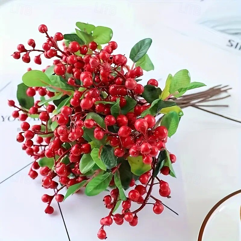 10pcs Christmas Red Berry Stems with Colorful Artificial Berries – Realistic California Blueberries and Red Berries for Spring Home Decor, Romantic Wedding Centerpieces, and Elegant Table Accents3