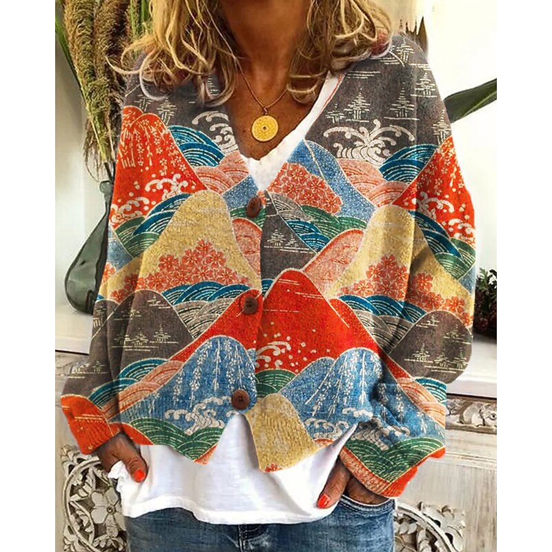 Women's Coat Casual Jacket Warm Comfortable Print Fashion Modern Casual Floral Going out Weekend Single Breasted Regular V Neck Regular Fit Long Sleeve Outerwear Blue Khaki Dark Blue Fall Winter3