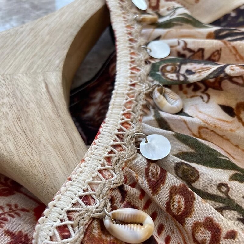 Women's Linen Cotton Boho Shirt Floral Seashell Paisley Abstract Vintage Stylish Ethnic 3/4 Length Sleeve Lantern Sleeve V Neck Regular Tops Daily Holiday Going out Tie Front Brown Summer Spring Fall4
