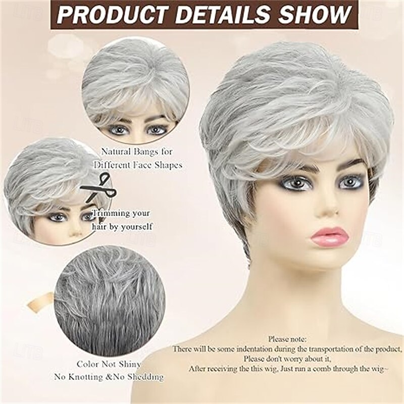 Short Curly Gray Wig Light Grey Wavy Wig For White Women Sliver Gray Synthetic Wig with Bangs Full Puffy Curly Old Grandma Cosplay Wigs for Women4