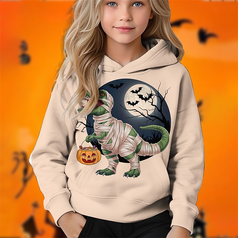 Halloween Girls' 3D Pumpkin Dinosaur Hoodie Long Sleeve Fall Winter Fashion Adorable Basic Kids 4-12 Years Hooded Outdoor Casual Daily Regular Fit2