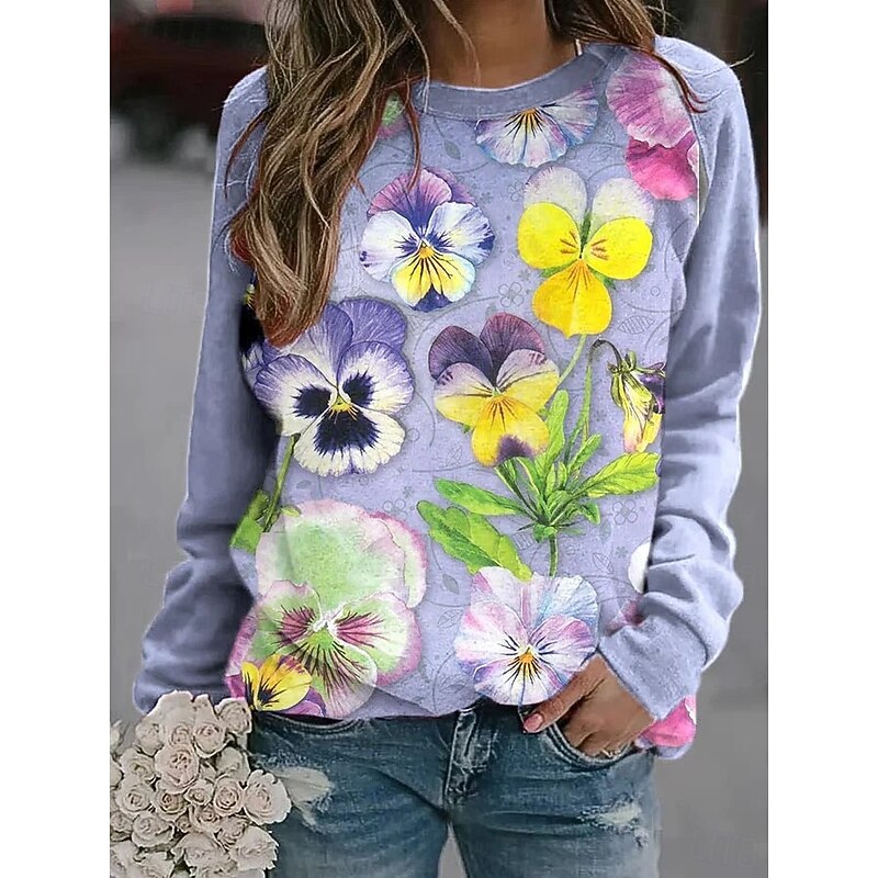 Women's Sweatshirts Floral Graphic Warm Romantic Classic Long Sleeve Crew Neck Round Neck Regular Tops Home Street Dailywear Print Purple Spring Fall Winter