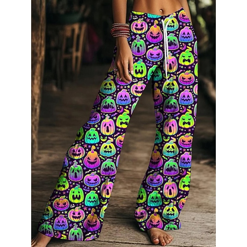 Women's Wide Leg Chinos Pants Trousers Active Fashion Comfort Full Length High WaistPantsHalloween Graphic Skull Pumpkin Drawstring Patchwork Printing Soft Breathable Inelastic Vacation Street Causal