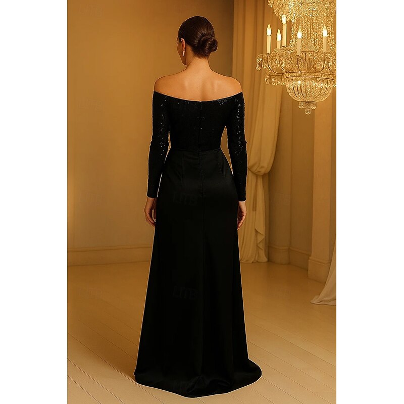Black Mermaid / Trumpet Evening Gown Elegant Dress Formal Wedding Sweep / Brush Train Long Sleeve Off Shoulder Stretch Satin with Ruched 20252