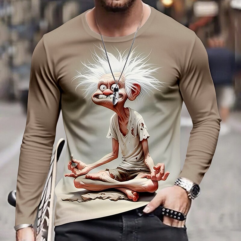 Men's Funny Old Man T Shirt Long Sleeve T shirt 3D Print Crew Neck Shirt Fashion Basic Street Casual Daily Heather Gray Khaki Gray Summer Spring Clothing Apparel S M L XL XXL XXXL3
