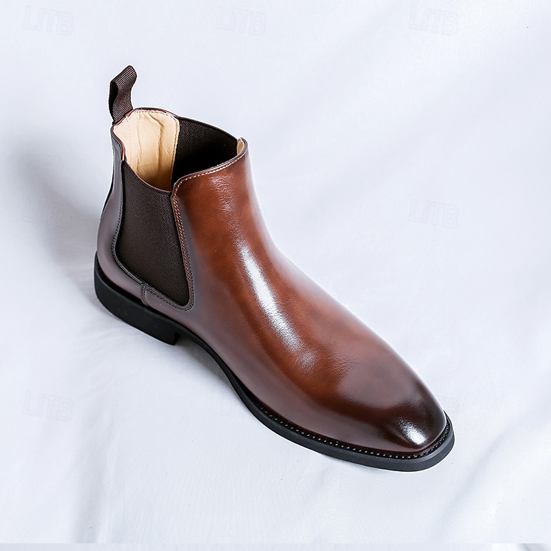 Men's Polished Brown Faux Leather Chelsea Boots with Elastic Side Panels, Classic Business Dress Boots for Office Wear, Weddings and Evening Events4