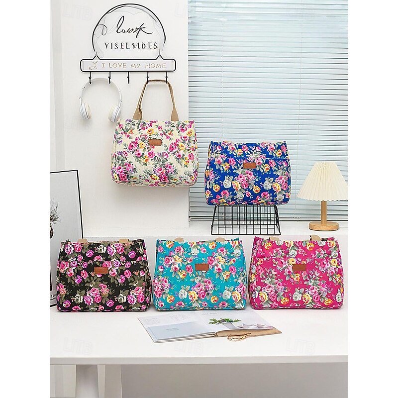 Women's Tote Shoulder Bags Canvas Shopping Casual Casual Daily Zipper Large Capacity Foldable Flower Black White Pink4