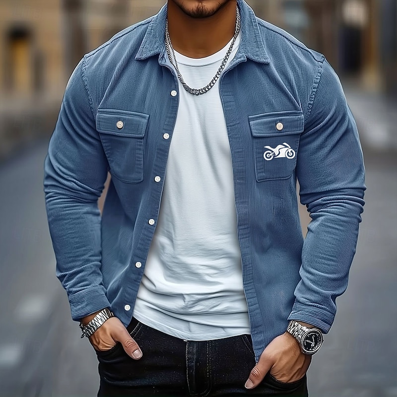 Men's Motorcycle Corduroy Shirt Shirt Jacket Overshirt Long Sleeve Casual Outdoor Dailywear Fall Winter Turndown Button-Down Warm Jacket with Flap Pockets Black Blue Green Khaki Gray