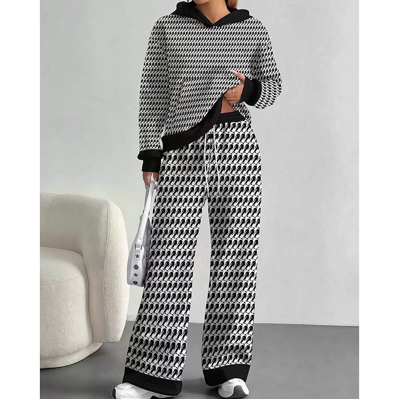 Women's Active Fashion Pants Sets Long Sleeve Hooded Color Block Drawstring Vacation Casual Daily Black White Blue Fall Regular Fit3