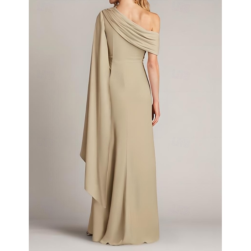 Sheath / Column Mother of the Bride Evening Gown Elegant Dress with Cape Overlay Formal Wedding Guest Floor Length Sleeveless One Shoulder Satin with Pleats Ruffles3