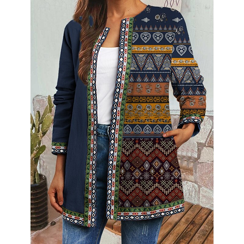 Women's Casual Jacket Windproof Warm Pocket Color Block Open Front with Pockets Vintage Modern Casual Floral Casual Daily Casual Daily Short Crewneck Regular Fit Long Sleeve Outerwear Light Green