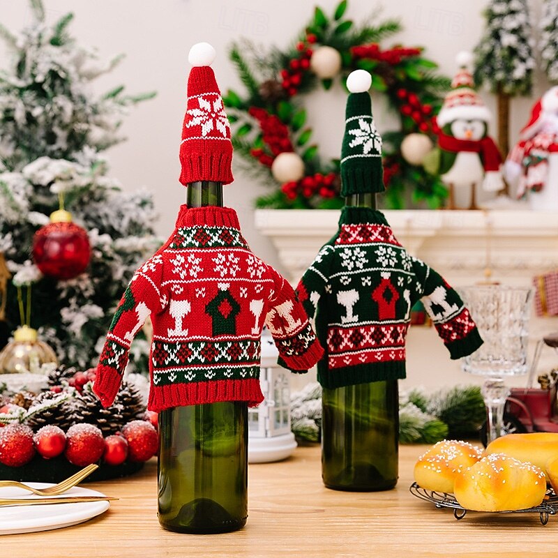 2Pcs Christmas Knitted Sweater Wine Bottle Covers, Festive Table Decor Red Wine Bottle Sleeves, Cozy Knit Mini Sweater Wine Bottle Decorations4