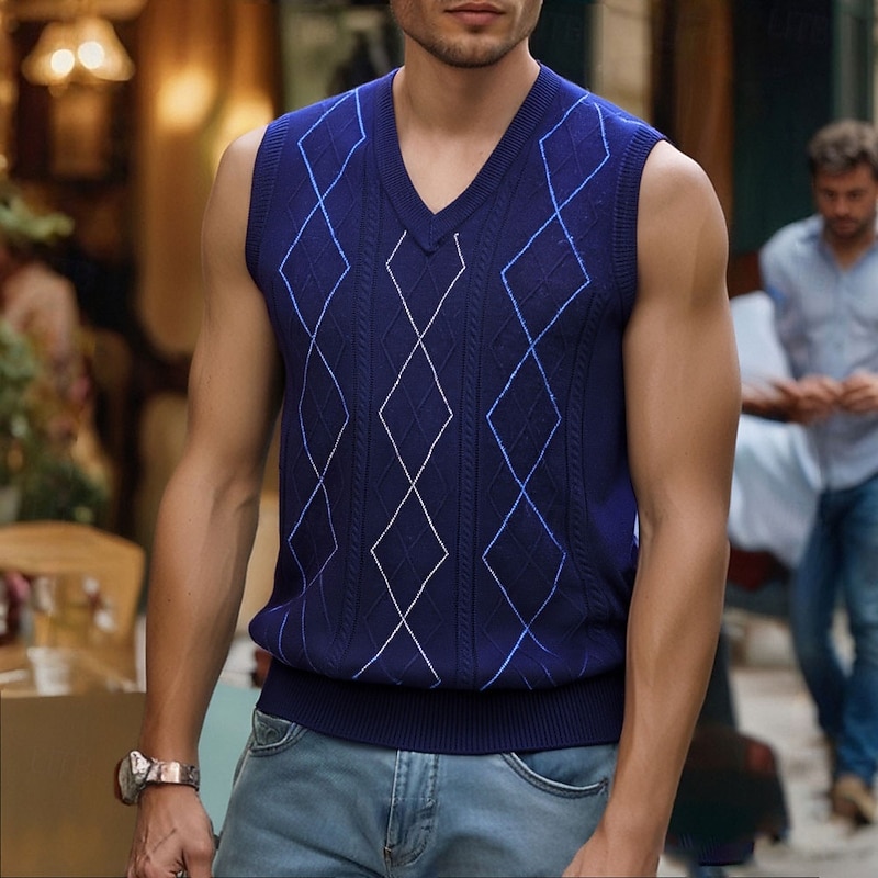 Men's Sweater Vest Dress Sweater Pullover Sweater Jumper Vest Knit Sweater Ribbed Knit Regular Tops Knitted Argyle V Neck Fashion Casual Vacation Daily Wear Clothing Apparel Fall Winter Camel Dark3