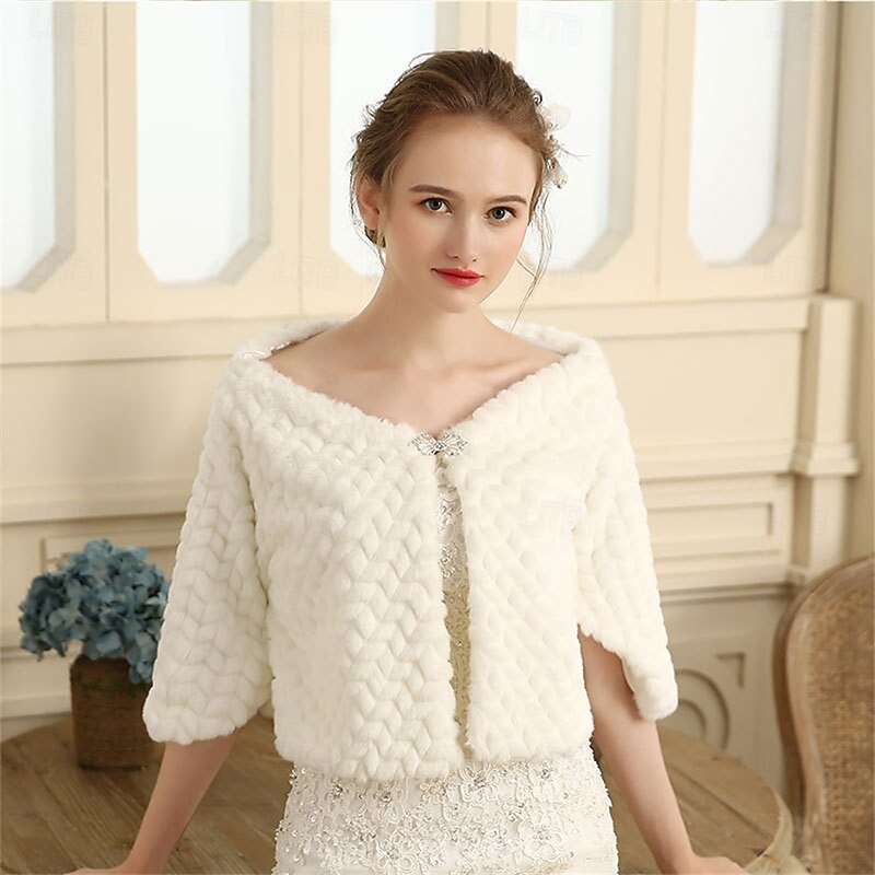 Mother's Wraps Elegant Keep Warm Long Sleeve Faux Fur Wedding Wraps With Pure Color For Wedding Fall2