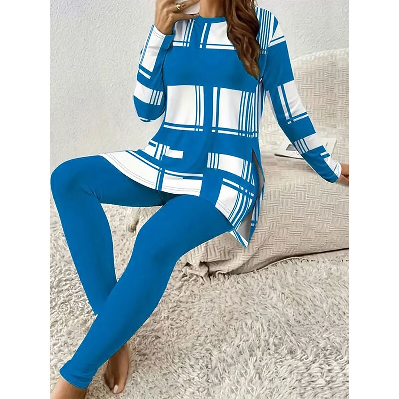 Women's Pajama Set Loungewear Round Neck Long Sleeve Casual Fashion Pants Sets Graphic Geometric Plaid Print Daily Daily Red Blue Green Spring Regular Fit4