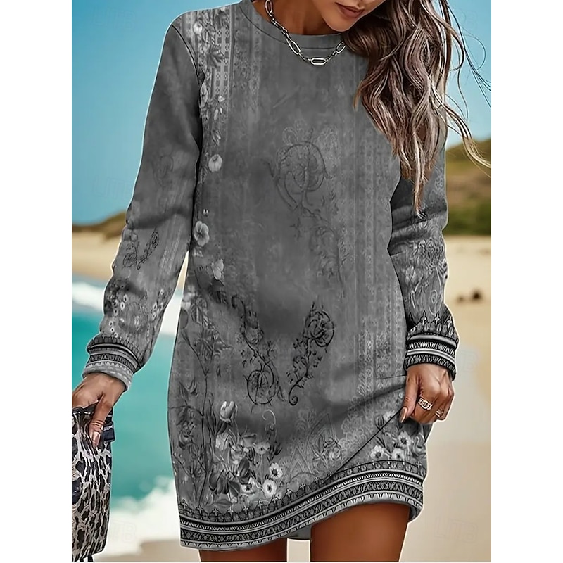 Women's Sweatshirt Dress Mini Dress Shift Dress Vacation Casual Birthday Daily Sports Regular Fit Floral Graphic Striped Long Sleeve Crew Neck Pink Gray Fall Winter3
