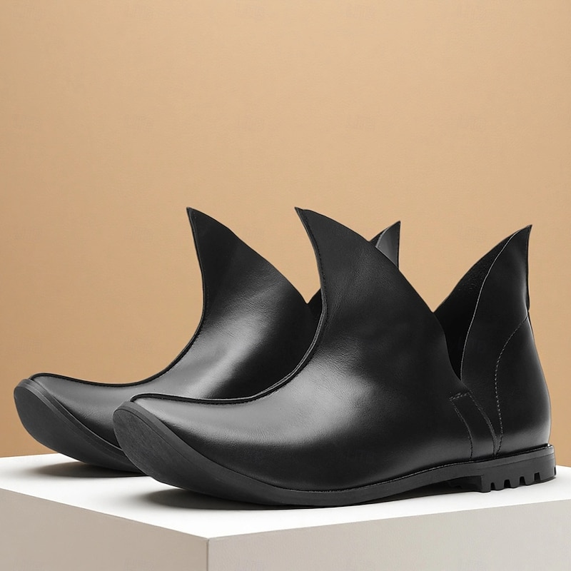 Men's Black Faux Leather Elf Style Pointed Toe Ankle Boots – Unique Fantasy Design Costume Shoes for Halloween, Cosplay and Themed Parties