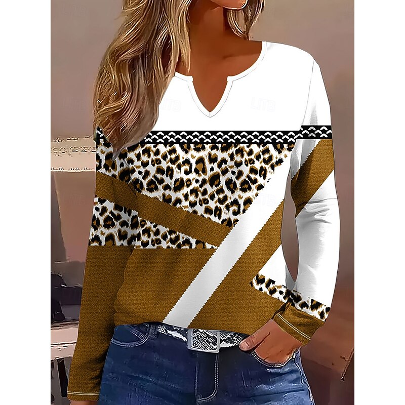 Women's T Shirt Graphic Leopard Geometric Vintage Stylish Classic Long Sleeve Notched Neck Regular Tops Daily Weekend Print Red Blue Purple Green Khaki Spring Fall Winter4