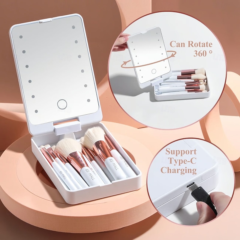 Travel Makeup Brush Set With LED Light Portable Cosmetic Mirror Compact Folding Vanity Mirror With Lighting Handheld Desktop Makeup Tools For Women Girls2