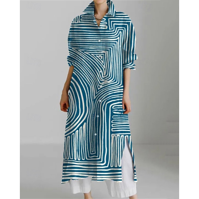 Women's Long Dress Maxi Dress Shirt Dress Casual Dress Print Dress Fashion Modern Daily Weekend Regular Fit Geometric Flower Long Sleeve Shirt Collar Yellow Red Blue Khaki Spring Fall4