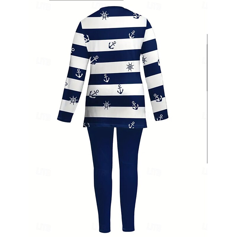 Women's Pajama Set Loungewear Round Neck Long Sleeve Casual Fashion Pants Sets Crew Neck Graphic Striped Print Daily Daily Navy Blue Purple Green Regular Fit3