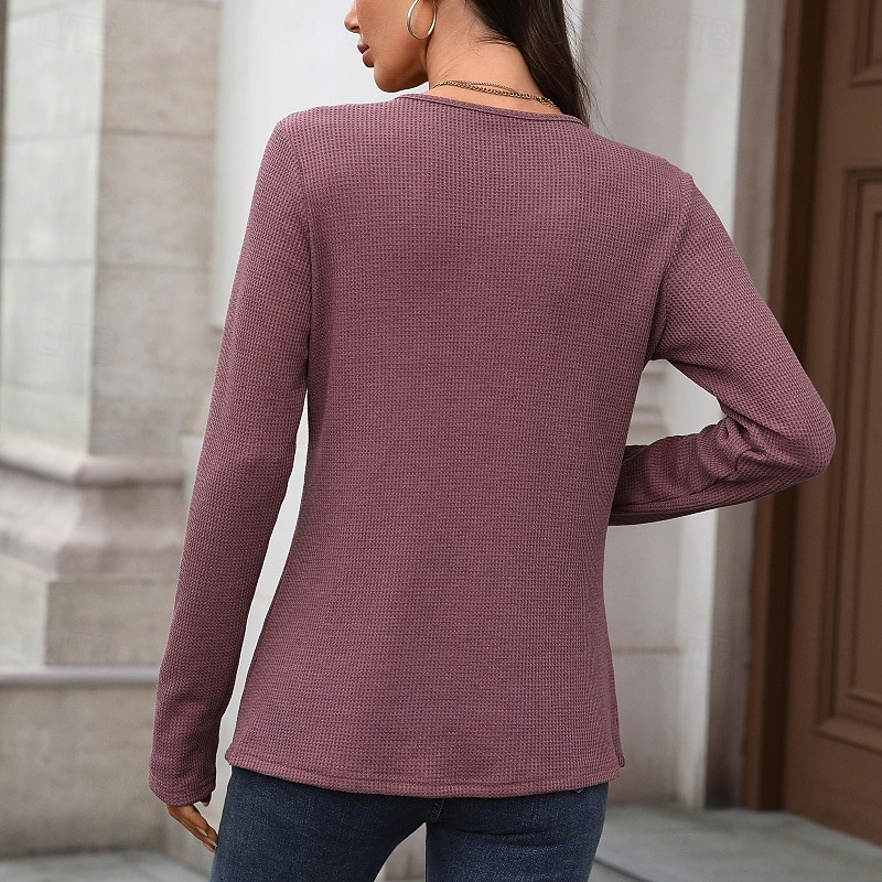 Women's Texture Blouse T Shirt Plain Casual Long Sleeve V Neck Regular Tops Daily Going out Buttons Black Dusty Blue Fuchsia Brown Beige Fall4