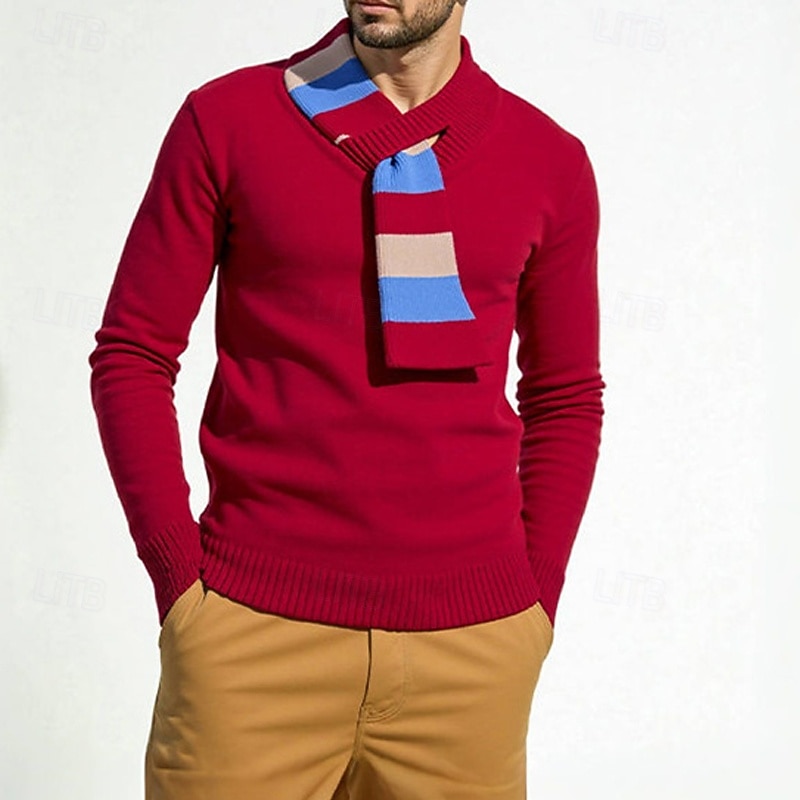 Men's Pullover Sweater Jumper Knit Sweater Ribbed Knit Regular Tops Knitted Stripes V Neck Fashion Basic Vacation Daily Wear Clothing Apparel Fall Winter Black Red M L XL