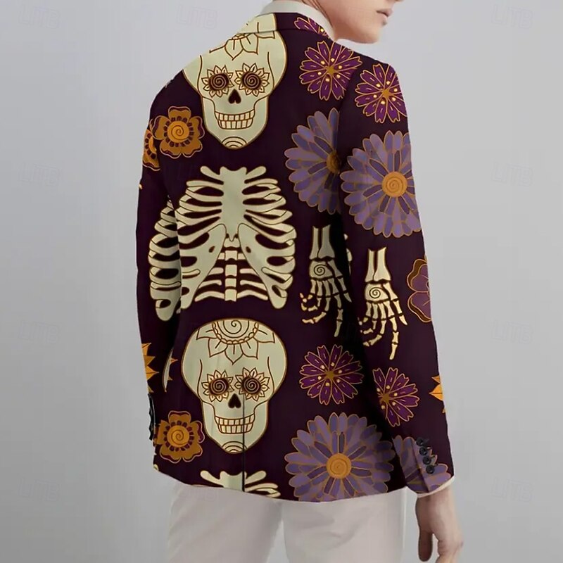 Halloween Men's Coat Blazer Outdoor Street Festival Casual Daily Modern Fall Fall / Winter 100% Polyester Cool Skulls Skeleton 3D Print Buttons Thermal Warm Comfortable Single Breasted Blazer Brown2
