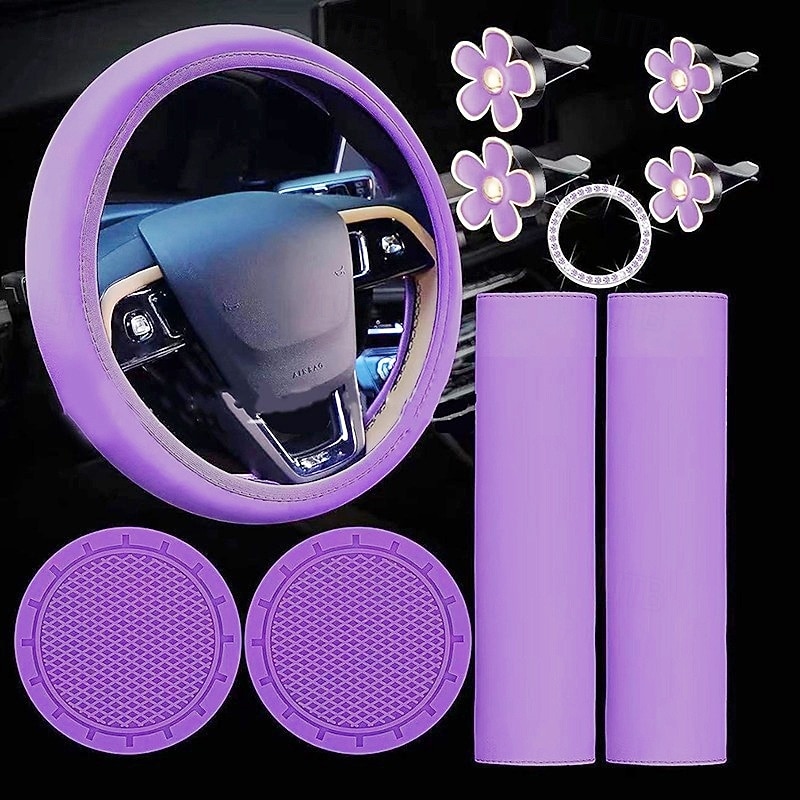 10 Pcs Steering Wheel Cover Set for Women 14.5-15 Inch Car Accessories with Seat Belt Shoulder Pad Seatbelt Cover Cup Holder Start Button Ring Sticker Air Vent Clip2