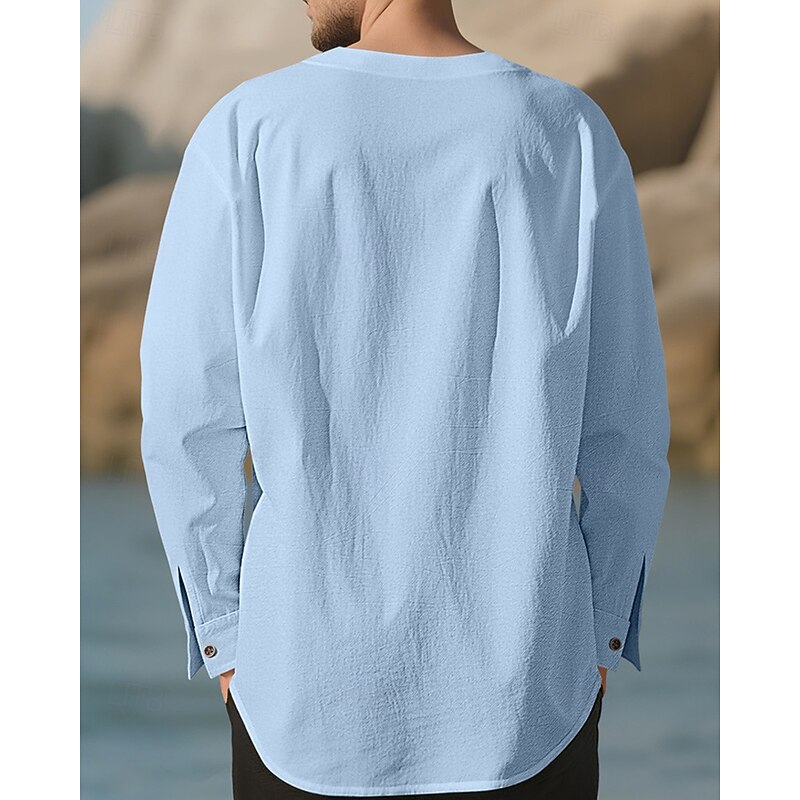 Men's Shirt Linen Shirt Casual Shirt Cotton Shirt Plain Vacation Hawaiian Black White Dark Green Khaki Long Sleeve Crew Neck Spring Fall Clothing Apparel Pleats4