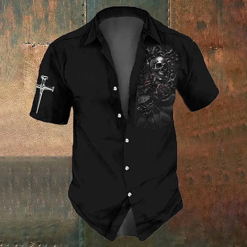 Men's Skull Halloween Costumes Day of the Dead Shirt Button Up Shirt Short Sleeve Dark Gothic Style Holiday Summer Spring Turndown 3D Print Collared Shirts Black 1 Black2