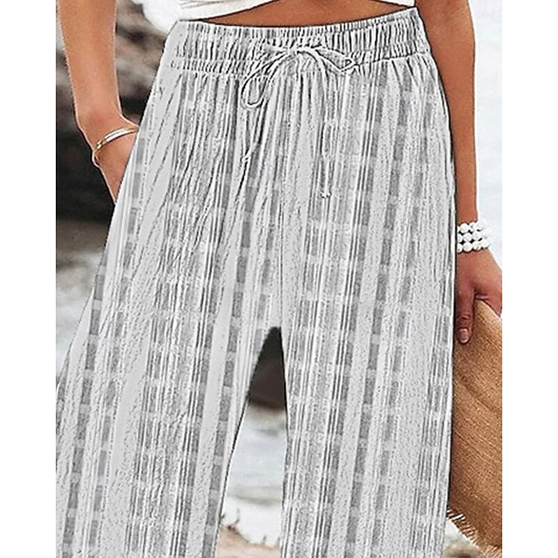 Women's Wide Leg Pants Trousers Palazzo Pants Fashion Boho Full Length High Waist Plaid Drawstring Elastic Waist Print Breathability Comfortable Street Daily Wear Going out White Spring Fall Regular2