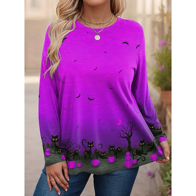 Halloween Women's Plus Size Tops T Shirt Graphic Print Long Sleeve Crew Neck Casual Daily Polyester Fall Winter Blue Purple3