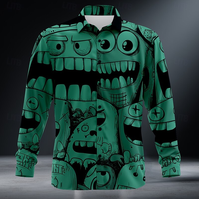 Men's Cartoon Funny Smile Face Shirt Button Up Shirt Long Sleeve Vintage Retro Outdoor Holiday Summer Spring Turndown 3D Print Collared Shirts Dark Green Orange Dark Blue Gray4
