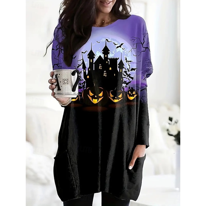 Halloween Women's T shirt Witch Graphic Pumpkin Fashion Long Sleeve Crew Neck Round Neck Long Tops Daily Going out Weekend Pocket Print Blue Purple Green Gray Spring Fall