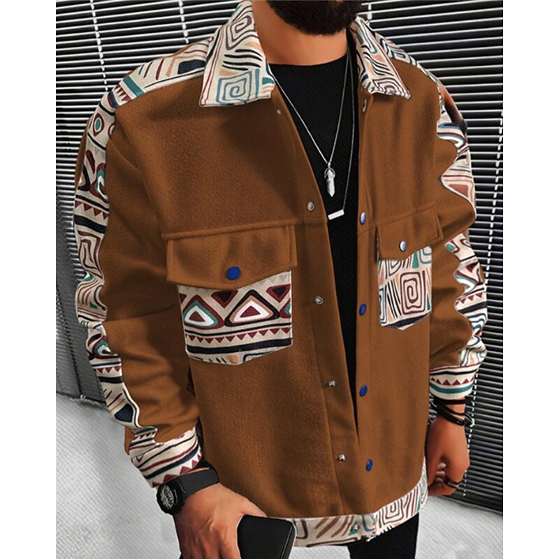 Men's Lightweight Jacket Cargo Jacket Casual Jacket Vacation Daily Breathable Pocket Buttons Spring Fall Geometric Fashion Classic Lapel Regular Brown Jacket - Main Image