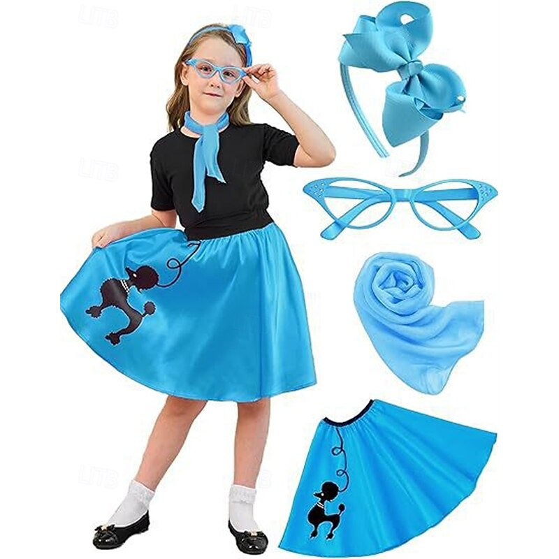 Retro Vintage 1950s Grease Outfits Dress Outfits Poodle Skirts Printing Fancy Dress Girls' Carnival Masquerade Performance Party Kid's Top Dress Scarf4