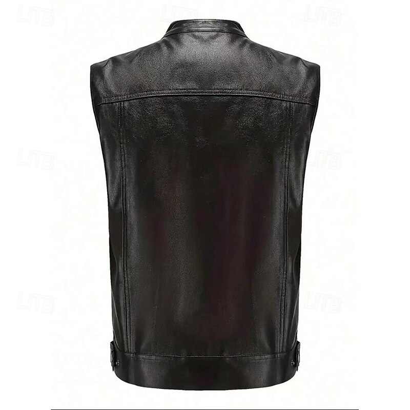 Men's Vest Gilet Faux Leather Vest Outdoor Daily Fashion Casual Spring Fall Pocket Faux Leather Comfortable Plain Zipper Stand Collar Regular Fit Black Vest4