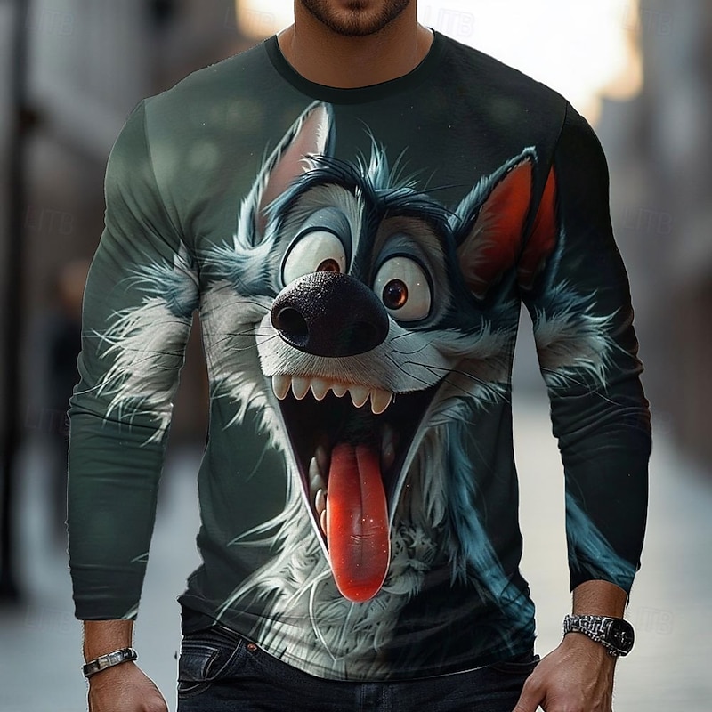 Men's Wolf 3D T Shirt Long Sleeve T shirt 3D Print Crew Neck Shirt Fashion Basic Street Casual Daily Blue 1# Blue Gray Summer Spring Clothing Apparel S M L XL XXL XXXL2