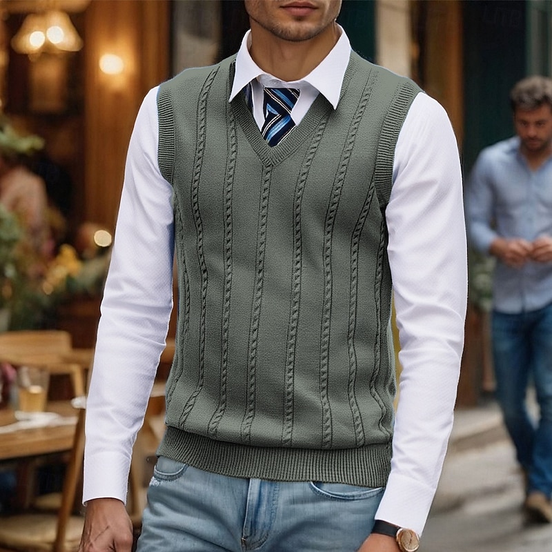 Men's Sweater Vest Dress Sweater Pullover Sweater Jumper Vest Knit Sweater Ribbed Knit Regular Tops Knitted V Neck Daily Wear Date Clothing Apparel Fall Winter Blue Green S M L4